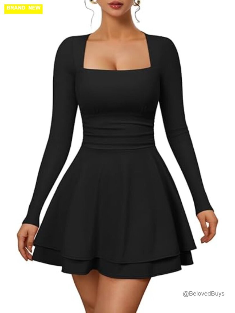 Long Sleeve Square Neck Bodycon Mini Dress with Side Pocket